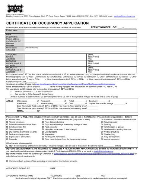 city of frisco certificate of occupancy.